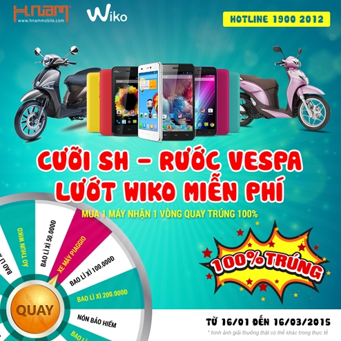 Mua smartphone Wiko giá cạnh tranh trúng Vespa, SH cùng nhiều quà tặng tại Hnam Mobile