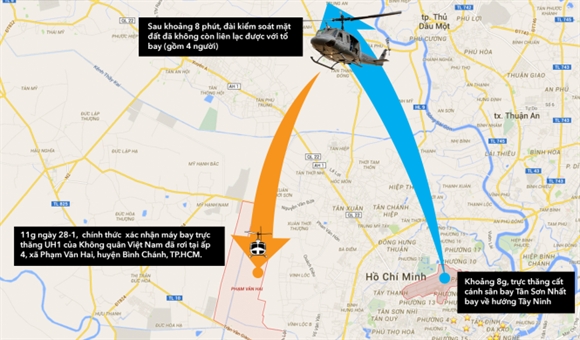Máy bay trực thăng UH1 được xác định rơi tại xã Phạm Văn Hai, huyện Bình Chánh, TP.HCM - Đồ họa: Việt Anh