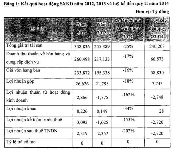 Kết quả kinh doanh năm 2012 đến quý II/2014 - Nguồn: HASO