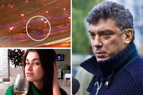 Anna Duritskaya, ảnh nhỏ bên trái, có mặt lúc ông Nemtsov bị bắn chết hôm 27/2, cũng đang bị điều tra thêm. Ảnh: Mirror
