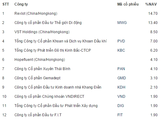 Các khoản đầu tư lớn nhất của Mutual Fund Elite tại thời điểm cuối tháng 2/2015