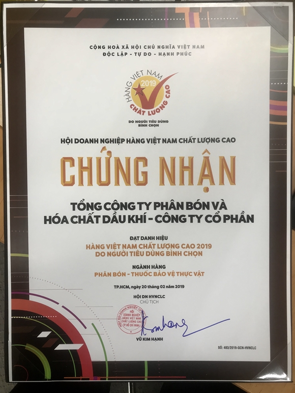 PVFCCo tiep tuc duoc trao tang danh hieu Hang Viet Nam chat luong cao nam 2019