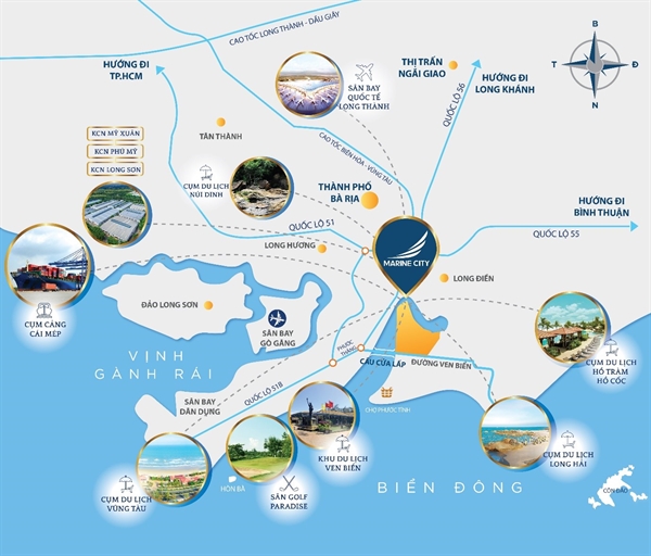 Marine City tọa lạc tại trên thế đất bồi nằm gần cửa biển, liền kề với khu dân cư sầm uất của xã Phước Tỉnh, kết nối thuận lợi với sân bay Long Thành cùng các khu vực trung tâm.