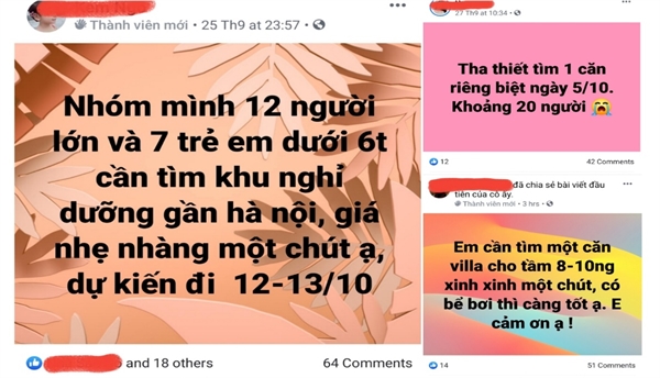 Một số tin đăng tìm biệt thự nghỉ dưỡng ven đô trên một group Facebook chuyên về villa, homestay gần Hà Nội. Ảnh: PV