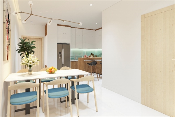 Phòng khách, phòng bếp, phòng ăn, được bố trí liên thông với nhau giúp tối ưu hóa không gian