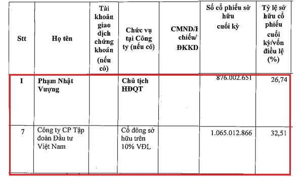 Tỷ lệ sở hữu của tỷ phú Phạm Nhật Vượng và CTCP Tập đoàn Đầu tư Việt Nam. Nguồn: Vingroup. 