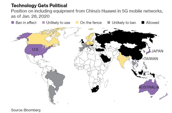 Phớt lờ Mỹ, Anh sẽ cho phép Huawei tham gia hạn chế vào việc xây dựng mạng 5G Bản đồ lập trường của các quốc gia về Huawei. Màu tím đậm (cấm hoàn toàn), màu