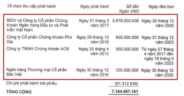 Chi tiết các khoản nợ trái phiếu của HAGL hồi cuối năm 2019. Nguồn: HAGL.