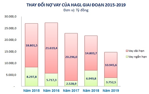 Năm 2019, nợ vay của HAGL giảm mạnh. Nguồn: NCĐT tổng hợp. 