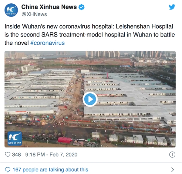 Tân Hoa Xã tweet về bệnh viện dã chiến Leishenshan. Nguồn: Business Insider.