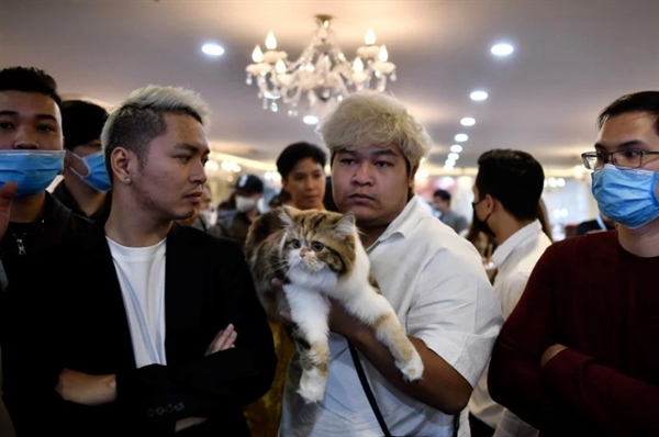 A participant carries his cat during Vietnam's first national cat show in Hanoi, past spectators wearing protective facemasks amid concerns of the Covid-19 coronavirus outbreak. -AFP