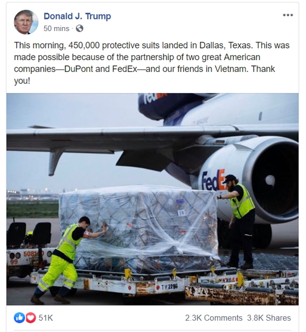U.S. President Trump thanks Vietnam for protective suit support