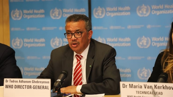 Tổng giám đốc Tổ chức Y tế Thế giới Tedros Adhanom Ghebreyesus tại một cuộc họp báo ở Geneva, Thụy Sĩ, vào ngày 11 tháng 3 năm 2020.