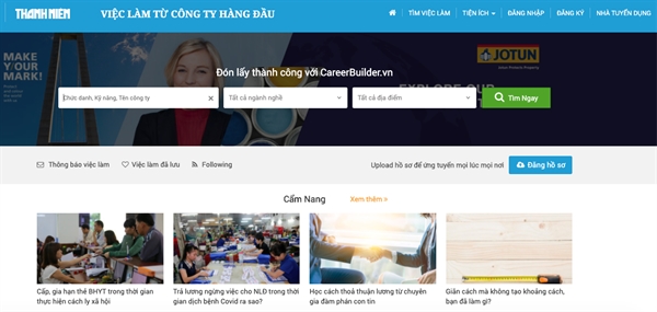 Ảnh chụp màn hình giao diện cổng thông tin việc làm trên ThanhNien Online.