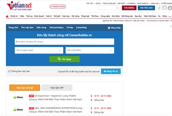 Ảnh chụp màn hình giao diện cổng thông tin việc làm trên VietnamNet.
