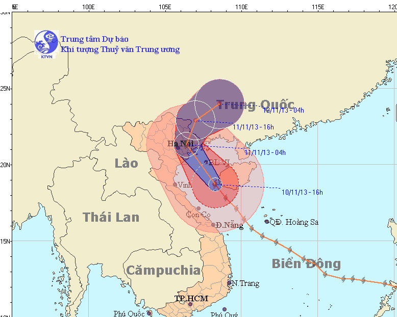 Rạng sáng mai, Hà Nội sẽ nằm trong vùng hoạt động mạnh nhất của bão Haiyan