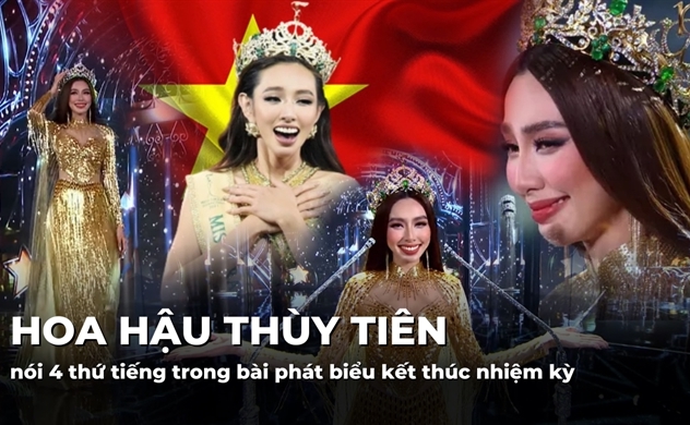 Hoa hậu Thuỳ Tiên nói 4 thứ tiếng trong bài phát biểu kết thúc nhiệm kỳ